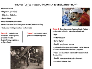 • Guía didáctica
• Objetivos generales
• Objetivos didácticos
• Contenidos
• Indicadores de evaluación
• Cómo voy a ser evaluado (instrumentos de evaluación)
• Actividad inicial para situar al alumnado
PROYECTO: “EL TRABAJO INFANTIL Y JUVENIL AYER Y HOY”
Tarea 2: Escribo un diario
poniéndome en la piel de …
Tarea 3: Conectamos con la actualidad. Trabajo y
explotación infantil y juvenil en el siglo XXI
Elegir:
• Historia digital
• Cartel digital
• Escribir y recitar un poema
• Utilizando diferentes personajes, contar alguna
situación de explotación infantil y juvenil
• Hacer una puesta en escena a través de ballet,
danza, mimo
• Escribir y cantar una canción denuncia
• Crear una obra de arte
Tarea 1: La Revolución
Industrial. Investigación,
presentación de
diapositivas y exposición
oral en el aula
 