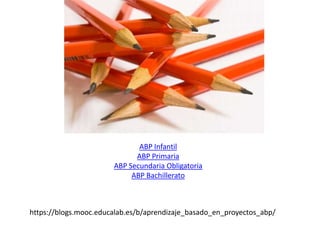 ABP Infantil
ABP Primaria
ABP Secundaria Obligatoria
ABP Bachillerato
https://blogs.mooc.educalab.es/b/aprendizaje_basado_en_proyectos_abp/
 