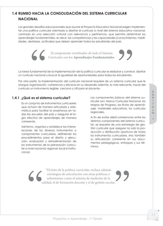 Proyectos de Aprendizaje - 1er
Grado
C
A
P
Í
T
U
L
O
1
17
1.4 RUMBO HACIA LA CONSOLIDACIÓN DEL SISTEMA CURRICULAR
NACIONAL
Los grandes desafíos educacionales que asume el Proyecto Educativo Nacional exigen implemen-
tar una política curricular orientada a diseñar el currículo a nivel del sistema educativo nacional,
centrada en una selección cultural con relevancia y pertinencia, que permita determinar los
aprendizajes fundamentales, es decir, las competencias y las capacidades (conocimientos, habili-
dades, destrezas, actitudes) que deben aprender todos los estudiantes del país.
El componente vertebrador de todo el Sistema
Curricular son los Aprendizajes Fundamentales.
La tarea fundamental de la implementación de la política curricular es elaborar y construir, diseñar
un currículo nacional y buscar la igualdad de oportunidades para todos los estudiantes.
Por otra parte, la implementación del currículo nacional requiere de un sistema curricular que le
otorgue organización, coherencia y eficacia en su desarrollo además, lo más relevante, hacer del
currículo un instrumento legible, cercano y útil para el docente.
1.4.1 ¿Qué es el sistema curricular?
Es un conjunto de instrumentos curriculares
que actúan de manera articulada y siste-
mática para facilitar la enseñanza en to-
das las escuelas del país y asegurar el lo-
gro efectivo de aprendizajes de manera
coherente.
Asimismo, organiza y establece las interre-
laciones de los diversos instrumentos o
componentes curriculares, definiendo los
procedimientos para el diseño y ejecu-
ción, evaluación y retroalimentación de
los instrumentos de la planeación curricu-
lar a nivel nacional, regional, local e institu-
cional.
Los componentes básicos del sistema cu-
rricular son: Marco Curricular Nacional, los
Mapas de Progreso, las Rutas de aprendi-
zaje, materiales educativos, los currículos
regionales.
A fin de evitar débil coherencias entre los
distintos componentes del sistema curricu-
lar, se requiere de una estrategia de ges-
tión curricular que asegure no solo la pro-
ducción y distribución oportuna de todos
los instrumentos curriculares, sino también
su articulación coherente en sus docu-
mentos pedagógicos, enfoques y sus tér-
minos.
“El éxito de la política curricular, incluye además
estrategias de articulación con otras políticas o
subsistemas; como el sistema de medición de la
calidad, el de formación docente y el de gestión escolar.
 