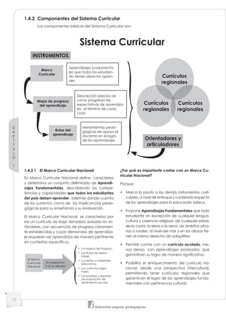 C
A
P
Í
T
U
L
O
1
18
Colección páginas pedagógicas
1.4.2 Componentes del Sistema Curricular
Los componentes básicos del Sistema Curricular son:
Sistema Curricular
INSTRUMENTOS
Orientadores y
articuladores
Marco
Curricular
Mapa de progreso
del aprendizaje
Currículos
regionales
Currículos
regionales
Currículos
regionales
Rutas del
aprendizaje
Aprendizajes fundamenta-
les que todos los estudian-
tes tienen derecho apren-
der.
Descripción precisa de
cómo progresan las
expectativas de aprendiza-
jes, al término de cada
ciclo.
Herramientas peda-
gógicas de apoyo al
docente en el logro
de los aprendizajes.
{}1.4.2.1 El Marco Curricular Nacional
En Marco Curricular Nacional define, caracteriza
y determina un conjunto delimitado de Aprendi-
zajes Fundamentales, describiendo las compe-
tencias y capacidades que todos los estudiantes
del país deben aprender, además dando cuenta
de los sustentos como de las implicancias peda-
gógicas para su enseñanza y su evaluación.
El Marco Curricular Nacional, se caracteriza por
ser un currículo de baja densidad, basado en es-
tándares, con secuencias de progreso claramen-
te establecidas y cuyas demandas de aprendiza-
je requieren ser aprendidas de manera pertinente
en contextos específicos.
El Marco
Curricular
Nacional
En referencia
a él se alinean
• Los Mapas de Progreso.
• Las Rutas de Apren-
dizaje.
• Los textos y materiales
educativos.
• Los currículos regio-
nales.
• Las pruebas y reportes
de evaluación del
rendimiento escolar.
{}
¿Por qué es importante contar con un Marco Cu-
rricular Nacional?
Porque:
• Marca la pauta a los demás instrumentos curri-
culares, a nivel de enfoque y contenido respecto
de los aprendizajes para la educación básica.
• Propone Aprendizajes Fundamentales que todo
estudiante sin excepción de cualquier lengua,
cultura y creencia religiosa, de cualquier edad,
de la costa, la sierra o la selva, de ámbitos urba-
nos o rurales, al nivel del mar y en las alturas tie-
nen el mismo derecho de adquirirlos.
• Permite contar con un currículo acotado, me-
nos denso, con aprendizajes priorizados, que
garanticen su logro de manera significativa.
• Posibilita el enriquecimiento del currículo na-
cional, desde una perspectiva intercultural,
permitiendo tener currículos regionales que
garanticen el logro de los aprendizajes funda-
mentales con pertinencia cultural.
 
