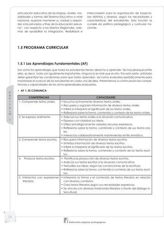 C
A
P
Í
T
U
L
O
1
24
Colección páginas pedagógicas
articulación educativa de las etapas, niveles, mo-
dalidades y formas del Sistema Educativo a nivel
nacional, «supone mantener su unidad y respon-
der a los principios y fines de la educación perua-
na”, con respecto a los Diseños Regionales, ade-
más de «posibilitar la integración, ﬂexibilidad e
interconexión para la organización de trayecto-
rias distintas y diversas, según las necesidades y
características del estudiante». Esta función la
cumple «la política pedagógica y curricular na-
cional».
1.5 PROGRAMA CURRICULAR
1.5.1 Los Aprendizajes Fundamentales (AF)
Son ocho los aprendizajes que todos los estudiantes tienen derecho a aprender. No hay jerarquía entre
ellos, es decir, todos son igualmente importantes, ninguno lo es más que el otro. Por esta razón, el Estado
debe garantizar las condiciones para que todos aprendan, así como evaluarlos periódicamente para
monitorear el avance de los estudiantes en cada uno de ellos. Presentamos a continuación las compe-
tencias y capacidades de los ocho aprendizajes propuestos.
• AF 1: SE COMUNICA
COMPETENCIAS CAPACIDADES
1. Comprende textos orales. • Escucha activamente diversos textos orales.
• Recupera y organiza información de diversos textos orales.
• Infiere e interpreta el significado de los textos orales.
• Reﬂexiona sobre la forma, contenido y contexto de los textos orales.
2. Se expresa oralmente. • Adecúa sus textos orales a la situación comunicativa.
• Expresa con claridad sus ideas.
• Utiliza estratégicamente variados recursos expresivos.
• Reﬂexiona sobre la forma, contenido y contexto de sus textos ora-
les.
• Interactúa colaborativamente manteniendo el hilo temático.
3. Comprende textos escritos. • Recupera información de diversos textos escritos.
• Sintetiza información de diversos textos escritos.
• Infiere e interpreta el significado de los textos escritos.
• Reﬂexiona sobre la forma, contenido y contexto de los textos escri-
tos.
4. Produce textos escritos. • Planifica la producción de diversos textos escritos.
• Adecúa sus textos escritos a la situación comunicativa.
• Textualiza sus ideas, según las convenciones de la escritura.
• Reﬂexiona sobre la forma, contenido y contexto de sus textos escri-
tos.
5. Interactúa con expresiones
literarias.
• Interpreta la forma y el contenido de textos literarios en relación
con diversos contextos.
• Crea textos literarios según sus necesidades expresivas.
• Se vincula con diversas tradiciones literarias a través del diálogo in-
tercultural.
 