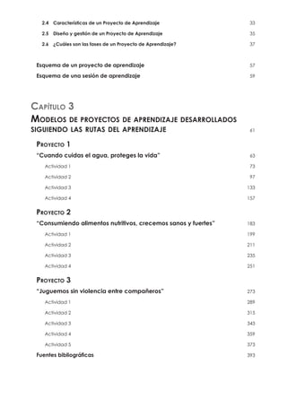 2.4	 Características de un Proyecto de Aprendizaje	 33
2.5	 Diseño y gestión de un Proyecto de Aprendizaje	 35
2.6	 ¿Cuáles son las fases de un Proyecto de Aprendizaje?	 37
Esquema de un proyecto de aprendizaje	 57
Esquema de una sesión de aprendizaje	 59
Capítulo 3
Modelos de proyectos de aprendizaje desarrollados
siguiendo las rutas del aprendizaje	 61
Proyecto 1
“Cuando cuidas el agua, proteges la vida”	 63
Actividad 1	 73
Actividad 2	 97
Actividad 3	 133
Actividad 4	 157
Proyecto 2
“Consumiendo alimentos nutritivos, crecemos sanos y fuertes”	 183
Actividad 1	 199
Actividad 2	 211
Actividad 3	 235
Actividad 4	 251
Proyecto 3
“Juguemos sin violencia entre compañeros”	 273
Actividad 1	 289
Actividad 2	 315
Actividad 3	 343
Actividad 4	 359
Actividad 5	 373
Fuentes bibliográficas	 393
 