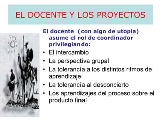 EL DOCENTE Y LOS PROYECTOS El docente  (con algo de utopía) asume el rol de coordinador  privilegiando: El intercambio La perspectiva grupal La tolerancia a los distintos ritmos de aprendizaje La tolerancia al desconcierto Los aprendizajes del proceso sobre el producto final 