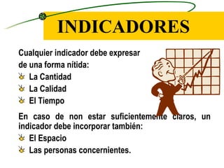 INDICADORES Cualquier indicador debe expresar  de una forma nítida: La Cantidad La Calidad El Tiempo En caso de non estar suficientemente claros, un indicador debe incorporar también: El Espacio Las personas concernientes. 