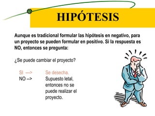 HIPÓTESIS Aunque es tradicional formular las hipótesis en negativo, para un proyecto se pueden formular en positivo. Si la respuesta es NO, entonces se pregunta: ¿Se puede cambiar el proyecto? SI  --->  Se desecha.  NO -->  Supuesto letal,  entonces no se  puede realizar el    proyecto. 