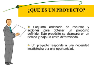 ¿QUE ES UN PROYECTO? Conjunto ordenado de recursos y acciones para obtener un propósito definido. Este propósito se alcanzará en un tiempo y bajo un costo determinado.  Un proyecto responde a una necesidad insatisfecha o a una oportunidad. 