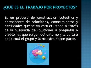 Es un proceso de construcción colectiva y
permanente de relaciones, conocimientos y
habilidades que se va estructurando a través
de la búsqueda de soluciones a preguntas y
problemas que surgen del entorno y la cultura
de la cual el grupo y la maestra hacen parte.
 