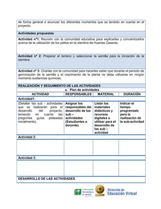 de forma general o anunciar los diferentes momentos que se tendrán en cuenta en el
proyecto.
Actividades propuestas
Actividad nº1: Reunión con la comunidad educativa para explicarles y concientizarlos
acerca de la utilización de los patios en la siembra de Huertas Caseras.

Actividad nº 2: Preparar el terreno y seleccionar la semilla para la iniciación de la
siembra.

Actividad nº 3: Charlas con la comunidad para hacerles saber que durante el periodo de
germinación de la semilla y el crecimiento de la planta no debe utilizarse en ningún
momento sustancias químicas.
REALIZACIÓN Y SEGUIMIENTO DE LAS ACTIVIDADES
a. Plan de actividades
ACTIVIDAD
RESPONSABLES
MATERIAL
Actividad1:
(Detallar las sub - actividades Asignar los
Listar los
que se realizarán para el responsables del materiales
desarrollo
del
proyecto, desarrollo de las didácticos y
teniendo
en
cuenta
las sub –
recursos
preguntas guías plateadas actividades
digitales a
inicialmente).
(Estudiantes o
utilizar para el
docente)
desarrollo de
las sub –
actividad
Actividad 2:

Actividad 3:

DESARROLLO DE LAS ACTIVIDADES

DURACIÓN
Indicar el
tiempo
programado
para la
realización de
la sub-actividad
sub

 
