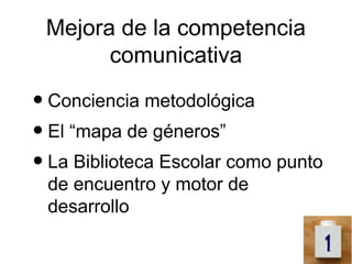 Mejora de la competencia
       comunicativa

• Conciencia metodológica
• El “mapa de géneros”
• La Biblioteca Escolar como punto
 de encuentro y motor de
 desarrollo
 