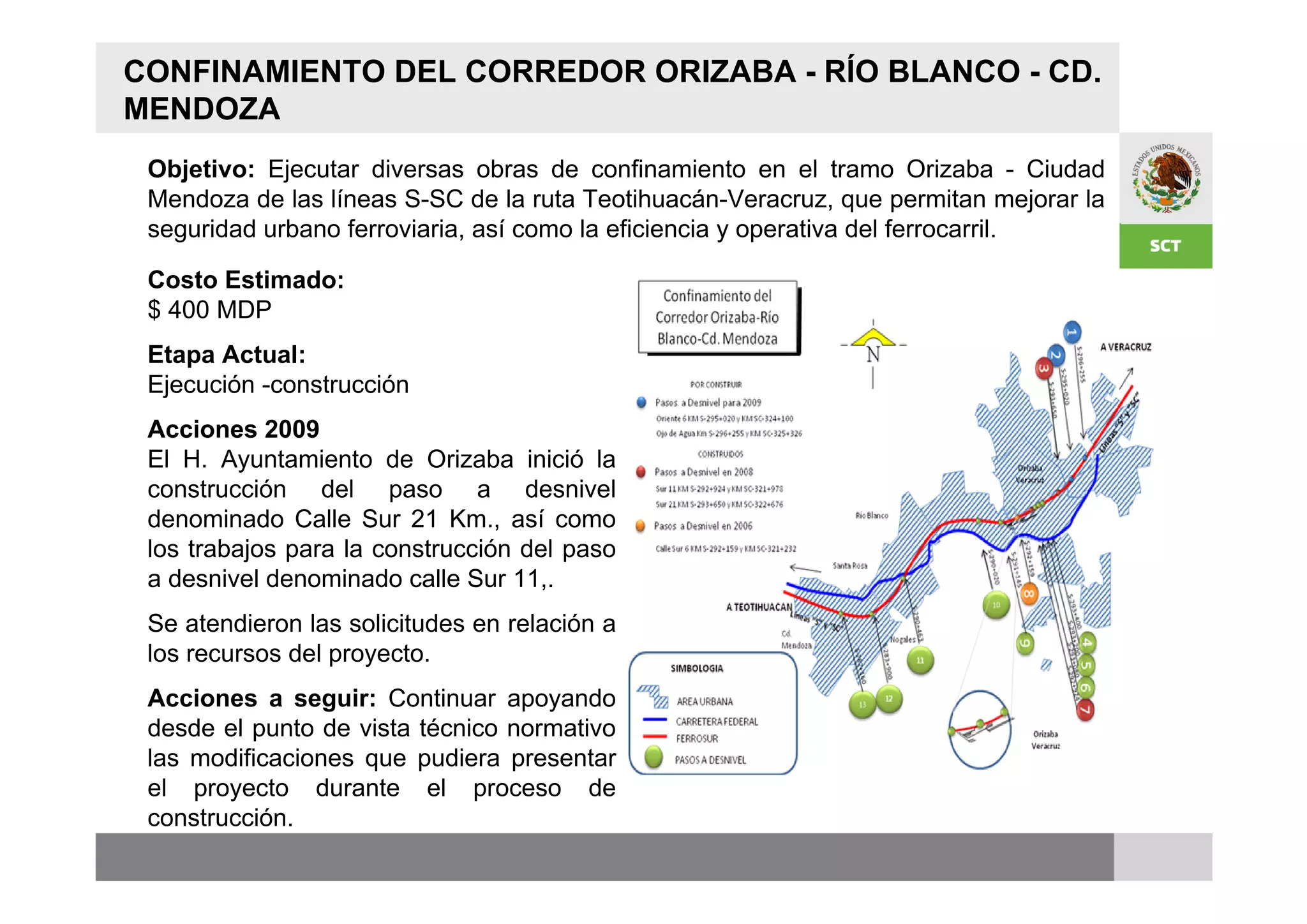 CONFINAMIENTO DEL CORREDOR ORIZABA - RÍO BLANCO - CD.
MENDOZA
 Objetivo: Ejecutar diversas obras de confinamiento en el tramo Orizaba - Ciudad
 Mendoza de las líneas S-SC de la ruta Teotihuacán-Veracruz, que permitan mejorar la
 seguridad urbano ferroviaria, así como la eficiencia y operativa del ferrocarril.

 Costo Estimado:
 $ 400 MDP
 Etapa Actual:
 Ejecución -construcción
 Acciones 2009
 El H. Ayuntamiento de Orizaba inició la
 construcción del paso a desnivel
 denominado Calle Sur 21 Km., así como
 los trabajos para la construcción del paso
 a desnivel denominado calle Sur 11,.
 Se atendieron las solicitudes en relación a
 los recursos del proyecto.
 Acciones a seguir: Continuar apoyando
 desde el punto de vista técnico normativo
 las modificaciones que pudiera presentar
 el proyecto durante el proceso de
 construcción.
 
