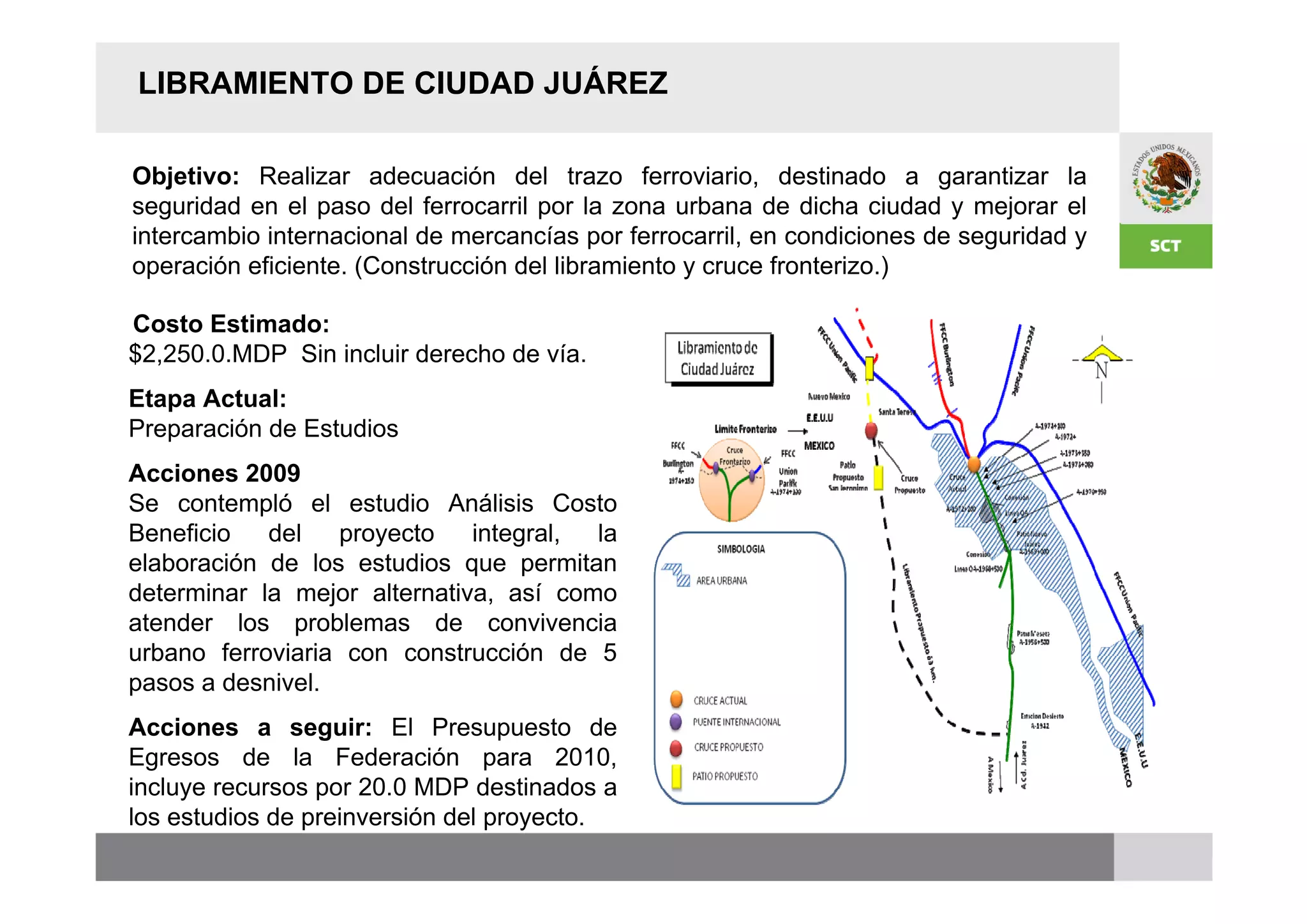 LIBRAMIENTO DE CIUDAD JUÁREZ

Objetivo: Realizar adecuación del trazo ferroviario, destinado a garantizar la
seguridad en el paso del ferrocarril por la zona urbana de dicha ciudad y mejorar el
intercambio internacional de mercancías por ferrocarril, en condiciones de seguridad y
operación eficiente. (Construcción del libramiento y cruce fronterizo.)

Costo Estimado:
$2,250.0.MDP Sin incluir derecho de vía.
Etapa Actual:
Preparación de Estudios
Acciones 2009
Se contempló el estudio Análisis Costo
Beneficio   del   proyecto    integral, la
elaboración de los estudios que permitan
determinar la mejor alternativa, así como
atender los problemas de convivencia
urbano ferroviaria con construcción de 5
pasos a desnivel.
Acciones a seguir: El Presupuesto de
Egresos de la Federación para 2010,
incluye recursos por 20.0 MDP destinados a
los estudios de preinversión del proyecto.
 