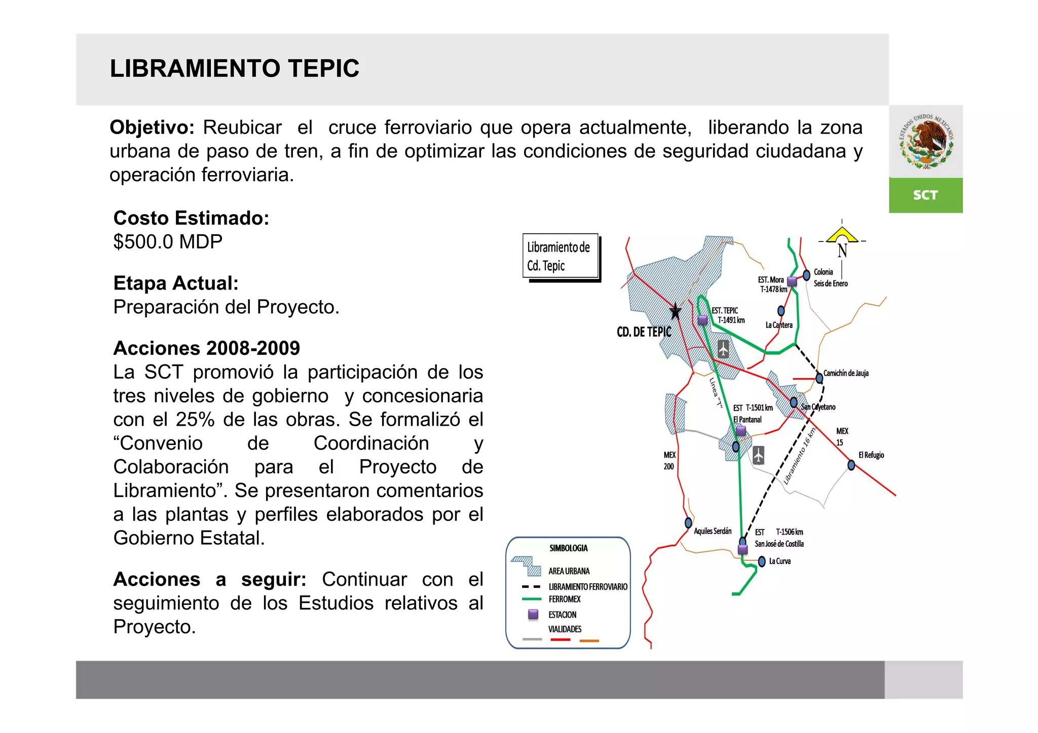 LIBRAMIENTO TEPIC

Objetivo: Reubicar el cruce ferroviario que opera actualmente, liberando la zona
urbana de paso de tren, a fin de optimizar las condiciones de seguridad ciudadana y
operación ferroviaria.

Costo Estimado:
$500.0 MDP

Etapa Actual:
Preparación del Proyecto.

Acciones 2008-2009
La SCT promovió la participación de los
tres niveles de gobierno y concesionaria
con el 25% de las obras. Se formalizó el
“Convenio      de       Coordinación    y
Colaboración para el Proyecto de
Libramiento”. Se presentaron comentarios
a las plantas y perfiles elaborados por el
Gobierno Estatal.

Acciones a seguir: Continuar con el
seguimiento de los Estudios relativos al
Proyecto.
 