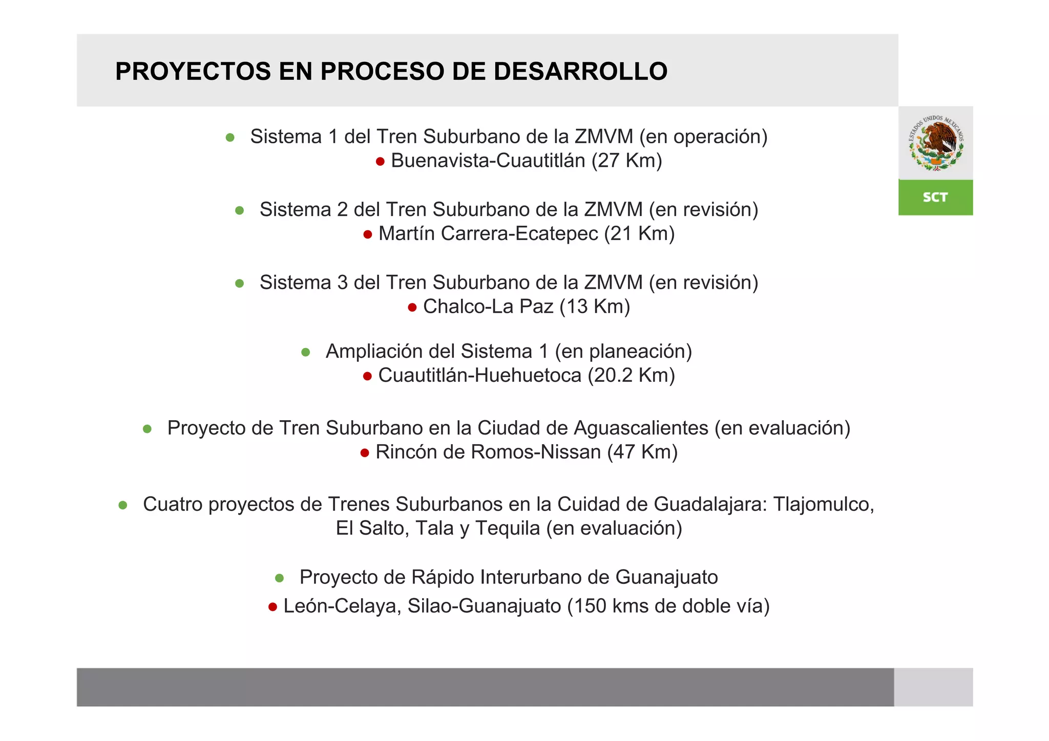 PROYECTOS EN PROCESO DE DESARROLLO

           ● Sistema 1 del Tren Suburbano de la ZMVM (en operación)
                           ● Buenavista-Cuautitlán (27 Km)

            ● Sistema 2 del Tren Suburbano de la ZMVM (en revisión)
                         ● Martín Carrera-Ecatepec (21 Km)

            ● Sistema 3 del Tren Suburbano de la ZMVM (en revisión)
                              ● Chalco-La Paz (13 Km)

                   ● Ampliación del Sistema 1 (en planeación)
                        ● Cuautitlán-Huehuetoca (20.2 Km)

  ● Proyecto de Tren Suburbano en la Ciudad de Aguascalientes (en evaluación)
                        ● Rincón de Romos-Nissan (47 Km)

● Cuatro proyectos de Trenes Suburbanos en la Cuidad de Guadalajara: Tlajomulco,
                       El Salto, Tala y Tequila (en evaluación)

                ● Proyecto de Rápido Interurbano de Guanajuato
               ● León-Celaya, Silao-Guanajuato (150 kms de doble vía)
 