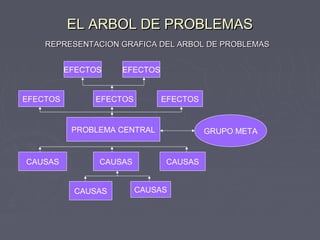 EL ARBOL DE PROBLEMASEL ARBOL DE PROBLEMAS
REPRESENTACION GRAFICA DEL ARBOL DE PROBLEMASREPRESENTACION GRAFICA DEL ARBOL DE PROBLEMAS
EFECTOS
EFECTOS
PROBLEMA CENTRAL
CAUSAS CAUSAS
GRUPO META
EFECTOS
CAUSAS
EFECTOS EFECTOS
CAUSAS
CAUSAS
 