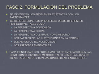 PASO 2. FORMULACIÓN DEL PROBLEMAPASO 2. FORMULACIÓN DEL PROBLEMA
► SE IDENTIFICAN LOS PROBLEMAS EXISTENTES CON LOSSE IDENTIFICAN LOS PROBLEMAS EXISTENTES CON LOS
PARTICIPANTESPARTICIPANTES
► SE DEBE ESTUDIAR LOS PROBLEMAS DESDE DIFERENTESSE DEBE ESTUDIAR LOS PROBLEMAS DESDE DIFERENTES
PERPECTIVAS, TALES COMO:PERPECTIVAS, TALES COMO:
 LA PERSPECTIVA ECONOMICALA PERSPECTIVA ECONOMICA
 LA PERSPECTIVA SOCIALLA PERSPECTIVA SOCIAL
 LA PERSPECTIVA CULTURAL Y ORGANIZATIVALA PERSPECTIVA CULTURAL Y ORGANIZATIVA
 LOS PAPALES DE LAS INSTITUCIONES EN LA REGIÓN.LOS PAPALES DE LAS INSTITUCIONES EN LA REGIÓN.
 LOS ASPECTOS TECNCOLÓGICOSLOS ASPECTOS TECNCOLÓGICOS
 LOS ASPECTOS AMBIENTALESLOS ASPECTOS AMBIENTALES
► PARA IDENTIFICAR LOS PROBLEMAS PUEDE EMPLEAR SEGÚN LASPARA IDENTIFICAR LOS PROBLEMAS PUEDE EMPLEAR SEGÚN LAS
CONDICIONES, DIVERSOS METODOS TALES COMO: LA LLUVIA DECONDICIONES, DIVERSOS METODOS TALES COMO: LA LLUVIA DE
IDEAS, TARJETAS DE VISUALIZACIÓN DE IDEAS, ENTRE OTROS.IDEAS, TARJETAS DE VISUALIZACIÓN DE IDEAS, ENTRE OTROS.
 