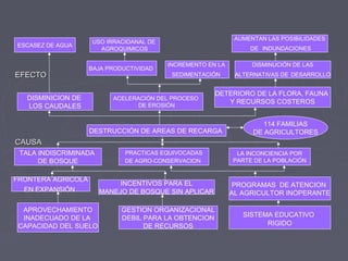 APROVECHAMIENTO
INADECUADO DE LA
CAPACIDAD DEL SUELO
DESTRUCCIÓN DE AREAS DE RECARGA
DISMINICION DE
LOS CAUDALES
FRONTERA AGRICOLA
EN EXPANSIÓN
PROGRAMAS DE ATENCION
AL AGRICULTOR INOPERANTE
TALA INDISCRIMINADA
DE BOSQUE
DETERIORO DE LA FLORA, FAUNA
Y RECURSOS COSTEROS
SISTEMA EDUCATIVO
RIGIDO
INCENTIVOS PARA EL
MANEJO DE BOSQUE SIN APLICAR
ACELERACIÓN DEL PROCESO
DE EROSIÓN
GESTION ORGANIZACIONAL
DEBIL PARA LA OBTENCION
DE RECURSOS
LA INCONCIENCIA POR
PARTE DE LA POBLACIÓN
PRACTICAS EQUIVOCADAS
DE AGRO-CONSERVACION
114 FAMILIAS
DE AGRICULTORES
BAJA PRODUCTIVIDAD
INCREMENTO EN LA
SEDIMENTACIÓNEFECTOEFECTO
CAUSACAUSA
AUMENTAN LAS POSIBILIDADES
DE INDUNDACIONES
ESCASEZ DE AGUA
USO IRRACIOANAL DE
AGROQUIMICOS
DISMINUCIÓN DE LAS
ALTERNATIVAS DE DESARROLLO
 