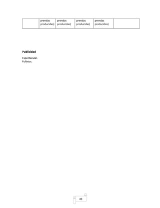 49 
Publicidad 
Espectacular. 
Folletos. 
prendas 
producidas) 
prendas 
producidas) 
prendas 
producidas) 
prendas 
producidas) 
 