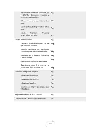 49 
Presupuestos: Inversión; circulante, fija 
y diferida, Operación: ingresos y 
egresos, Impuestos (ISR). 
Balance General proyectado a tres 
años. 
Estado de Resultado proyectado a tres 
años. 
Estado Financiero Proforma 
proyectado a tres años. 
Pág. 
Pág. 
Pág. 
Pág. 
Estudio Administrativo: 
Tipo de sociedad de la empresa y el por 
qué eligieron el mismo. 
Permiso Secretaría de Relaciones 
Exteriores para constituir la sociedad. 
Inscripción en el Registro Federal de 
Contribuyentes. 
Organigrama original de la empresa. 
Organigrama nuevo de la empresa y la 
justificación de la modificación. 
Pág. 
Pág. 
Pág. 
Pág. 
Pág. 
Pág. 
Evaluación Integral del Proyecto 
Indicadores Financieros. 
Indicadores Económicos. 
Indicadores Sociales. 
Conclusiones del proyecto en base a los 
indicadores. 
Pág. 
Pág. 
Pág. 
Pág. 
Pág. 
Responsabilidad Social de la Empresa Pág. 
Conclusión final y aprendizajes personales Pág. 
 