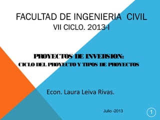 FACULTAD DE INGENIERIA CIVIL
VII CICLO. 2013-I
PROYECTOS DE INVERSION:
CICLO DEL PROYECTOY TIPOS DE PROYECTOS
1
Econ. Laura Leiva Rivas.
Julio -2013
 