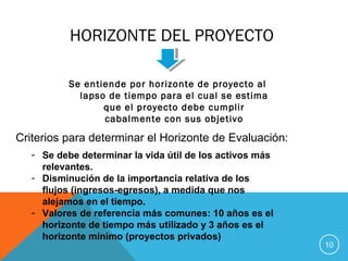 HORIZONTE DEL PROYECTO
Se entiende por horizonte de proyecto al
lapso de tiempo para el cual se estima
que el proyecto debe cumplir
cabalmente con sus objetivo
10
Criterios para determinar el Horizonte de Evaluación:
- Se debe determinar la vida útil de los activos más
relevantes.
- Disminución de la importancia relativa de los
flujos (ingresos-egresos), a medida que nos
alejamos en el tiempo.
- Valores de referencia más comunes: 10 años es el
horizonte de tiempo más utilizado y 3 años es el
horizonte mínimo (proyectos privados)
 