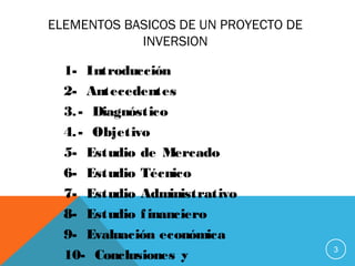 ELEMENTOS BASICOS DE UN PROYECTO DE
INVERSION
3
1- Introducción
2- Antecedentes
3.- Diagnóstico
4.- Objetivo
5- Estudio de Mercado
6- Estudio Técnico
7- Estudio Administrativo
8- Estudio financiero
9- Evaluación económica
10- Conclusiones y
 