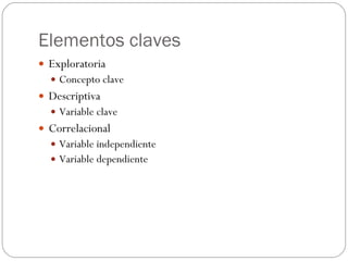 Elementos claves Exploratoria Concepto clave Descriptiva Variable clave Correlacional Variable independiente Variable dependiente 