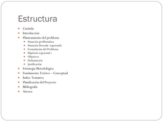 Estructura Carátula Introducción Planteamiento del problema Situación problemática  Situación Deseada  (opcional) Formulación del Problema Hipótesis (opcional ) Objetivos Delimitación Justificación Estrategia Metodológica Fundamento Teórico – Conceptual Índice Tentativo Planificación del Proyecto Bibliografía Anexos 