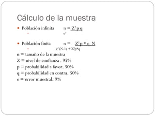 Cálculo de la muestra <ul><li>Población infinita n =  Z 2  p q </li></ul><ul><ul><ul><li>e 2 </li></ul></ul></ul><ul><li>P...