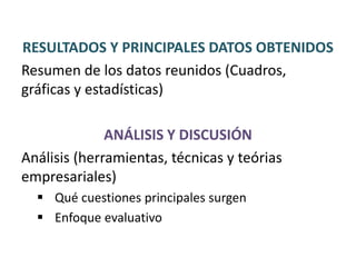 RESULTADOS Y PRINCIPALES DATOS OBTENIDOS
Resumen de los datos reunidos (Cuadros,
gráficas y estadísticas)
ANÁLISIS Y DISCUSIÓN
Análisis (herramientas, técnicas y teórias
empresariales)
 Qué cuestiones principales surgen
 Enfoque evaluativo
 