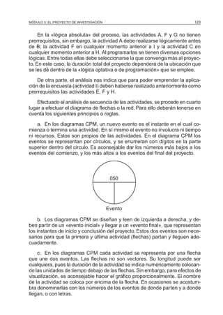 MÓDULO 5: EL PROYECTO DE INVESTIGACIÓN 123
En la «lógica absoluta» del proceso, las actividades A, F y G no tienen
prerrequisitos, sin embargo, la actividad A debe realizarse lógicamente antes
de B; la actividad F en cualquier momento anterior a I y la actividad C en
cualquier momento anterior a H. Al programarlas se tienen diversas opciones
lógicas. Entre todas ellas debe seleccionarse la que convenga más al proyec-
to. En este caso, la duración total del proyecto dependerá de la ubicación que
se les dé dentro de la «lógica optativa o de programación» que se emplee.
De otra parte, el análisis nos indica que para poder emprender la aplica-
ción de la encuesta (actividad I) deben haberse realizado anteriormente como
prerrequisitos las actividades E, F y H.
Efectuado el análisis de secuencia de las actividades, se procede en cuarto
lugar a efectuar el diagrama de flechas o la red. Para ello deberán tenerse en
cuenta los siguientes principios o reglas.
a. En los diagramas CPM, un nuevo evento es el instante en el cual co-
mienza o termina una actividad. En sí mismo el evento no involucra ni tiempo
ni recursos. Estos son propios de las actividades. En el diagrama CPM los
eventos se representan por círculos, y se enumeran con dígitos en la parte
superior dentro del circulo. Es aconsejable dar los números más bajos a los
eventos del comienzo, y los más altos a los eventos del final del proyecto.
b. Los diagramas CPM se diseñan y leen de izquierda a derecha, y de-
ben partir de un «evento inicial» y llegar a un «evento final», que representan
los instantes de inicio y conclusión del proyecto. Estos dos eventos son nece-
sarios para que la primera y última actividad (flechas) partan y lleguen ade-
cuadamente.
c. En los diagramas CPM cada actividad se representa por una flecha
que une dos eventos. Las flechas no son vectores. Su longitud puede ser
cualquiera, pues la duración de la actividad se indica numéricamente colocan-
do las unidades de tiempo debajo de las flechas.Sin embargo, para efectos de
visualización, es aconsejable hacer el gráfico proporcionalmente. El nombre
de la actividad se coloca por encima de la flecha. En ocasiones se acostum-
bra denominarlas con los números de los eventos de donde parten y a donde
llegan, o con letras.
050
Evento
 