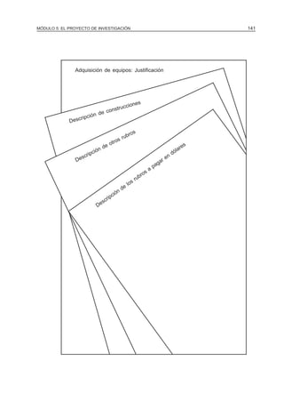 MÓDULO 5: EL PROYECTO DE INVESTIGACIÓN 141
Adquisición de equipos: Justificación
Descripción de construcciones
Descripción de otros rubros
Descripción
de
los rubros a
pagar en
dólares
 
