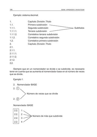 SERIE: APRENDER A INVESTIGAR186
Ejemplo: sistema decimal.
1. Capítulo. División.Título
1.1. Primera subdivisión
1.1.1. Segunda subdivisión Subtítulos
1.1.1.1. Tercera subdivisión
1.1.1.2. Correlativo tercera subdivisión
1.1.2. Correlativo segunda subdivisión
1.2. Correlativo primera subdivisión
2. Capítulo. División.Título
2.1.
2.1.1.
2.1.1.1.
2.1.1.2.
2.1.2.
2.2.
Siempre que en un nomenclador se divide o se subdivide, es necesario
tener en cuenta que se aumenta el nomenclador base en el número de veces
que se divide.
Ejemplo 1.
2. Nomenclador BASE
2. 1
Número de veces que se divide
2. 2
Nomenclador BASE
2.2. 1
2.2. 2
Número de más que subdivide
2.2. 3
2.2. 4
 