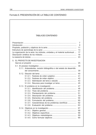 SERIE: APRENDER A INVESTIGAR198
Formato 6. PRESENTACIÓN DE LA TABLA DE CONTENIDO
TABLA DE CONTENIDO
Presentación .......................................................................................................... 7
Introducción ........................................................................................................... 9
Propósito, población y objetivos de la serie.......................................................... 11
Estructura de aprendizaje de la serie ................................................................... 13
La organización de la serie: los módulos, unidades y el material audiovisual .... 17
Descripción sintética de los módulos .................................................................... 19
La asesoría de tutores ........................................................................................... 23
5. EL PROYECTO DE INVESTIGACION
Qué es un proyecto ........................................................................................ 25
5.1. El proceso investigativo ........................................................................... 39
5.1.1. Antecedentes, revisión bibliográfica o del estado de desarrollo
del conocimiento........................................................................... 39
5.1.2. Elección del tema ......................................................................... 40
5.1.2.1. Factores de orden subjetivo ........................................... 41
5.1.2.2. Factores de orden objetivo............................................. 42
5.1.2.3. Delimitación del tema o estudio .................................... 43
5.1.2.4. Recursos para investigar un tema ................................. 45
5.1.3. El problema en la investigación ................................................... 47
5.1.3.1. Identificación del problema............................................ 48
5.1.3.2. Título del problema ........................................................ 51
5.1.3.3. Planteamiento del problema.......................................... 51
5.1.3.4. Descripción del problema .............................................. 53
5.1.3.5. Elementos del problema ................................................ 59
5.1.3.6. Formulación del problema ............................................. 60
5.1.3.7. Características de los problemas científicos ................. 62
5.1.3.8. Evaluación del problema ............................................... 63
5.1.4. Objetivos en la investigación ........................................................ 67
5.1.4.1. Objetivo general ............................................................. 68
5.1.4.2. Objetivos específicos ..................................................... 68
5.1.4.3. Objetivos metodológicos................................................ 69
5.1.4.4. Cómo formular objetivos ................................................ 69
 
