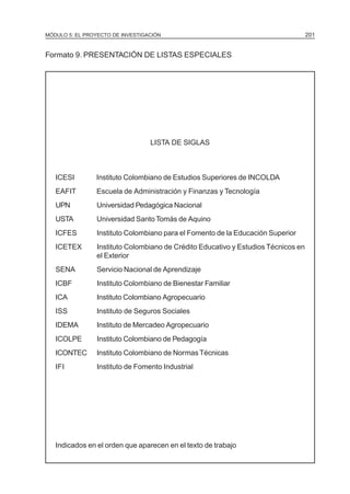 MÓDULO 5: EL PROYECTO DE INVESTIGACIÓN 201
Formato 9. PRESENTACIÓN DE LISTAS ESPECIALES
LISTA DE SIGLAS
ICESI Instituto Colombiano de Estudios Superiores de INCOLDA
EAFIT Escuela de Administración y Finanzas y Tecnología
UPN Universidad Pedagógica Nacional
USTA Universidad Santo Tomás de Aquino
ICFES Instituto Colombiano para el Fomento de la Educación Superior
ICETEX Instituto Colombiano de Crédito Educativo y Estudios Técnicos en
el Exterior
SENA Servicio Nacional de Aprendizaje
ICBF Instituto Colombiano de Bienestar Familiar
ICA Instituto Colombiano Agropecuario
ISS Instituto de Seguros Sociales
IDEMA Instituto de Mercadeo Agropecuario
ICOLPE Instituto Colombiano de Pedagogía
ICONTEC Instituto Colombiano de NormasTécnicas
IFI Instituto de Fomento Industrial
Indicados en el orden que aparecen en el texto de trabajo
 
