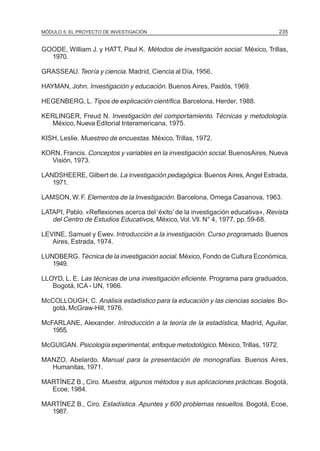 MÓDULO 5: EL PROYECTO DE INVESTIGACIÓN 235
GOODE, William J. y HATT, Paul K. Métodos de investigación social. México, Trillas,
1970.
GRASSEAU. Teoría y ciencia. Madrid, Ciencia al Día, 1956.
HAYMAN, John. Investigación y educación. Buenos Aires, Paidós, 1969.
HEGENBERG, L.Tipos de explicación científica.Barcelona, Herder, 1988.
KERLINGER, Freud N. Investigación del comportamiento. Técnicas y metodología.
México, Nueva Editorial Interamericana, 1975.
KISH, Leslie. Muestreo de encuestas. México, Trillas, 1972.
KORN, Francis. Conceptos y variables en la investigación social. BuenosAires, Nueva
Visión, 1973.
LANDSHEERE, Gilbert de. La investigación pedagógica. Buenos Aires, Angel Estrada,
1971.
LAMSON, W. F. Elementos de la Investigación. Barcelona, Omega Casanova, 1963.
LATAPI, Pablo. «Reflexiones acerca del ‘éxito’ de la investigación educativa», Revista
del Centro de Estudios Educativos, México, Vol.Vll. N° 4, 1977, pp. 59-68.
LEVINE, Samuel y Ewev. Introducción a la investigación. Curso programado. Buenos
Aires, Estrada, 1974.
LUNDBERG.Técnica de la investigación social. México, Fondo de Cultura Económica,
1949.
LLOYD, L. E. Las técnicas de una investigación eficiente. Programa para graduados,
Bogotá, ICA - UN, 1966.
McCOLLOUGH, C. Análisis estadístico para la educación y las ciencias sociales. Bo-
gotá, McGraw-Hill, 1976.
McFARLANE, Alexander. Introducción a la teoría de la estadística, Madrid, Aguilar,
1955.
McGUIGAN. Psicología experimental, enfoque metodológico. México, Trillas, 1972.
MANZO, Abelardo. Manual para la presentación de monografías. Buenos Aires,
Humanitas, 1971.
MARTÍNEZ B., Ciro. Muestra, algunos métodos y sus aplicaciones prácticas. Bogotá,
Ecoe, 1984.
MARTÍNEZ B., Ciro. Estadística. Apuntes y 600 problemas resueltos. Bogotá, Ecoe,
1987.
 