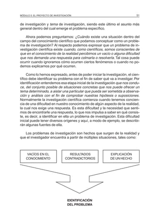 MÓDULO 5: EL PROYECTO DE INVESTIGACIÓN 51
de investigación y tema de investigación, siendo este último el asunto más
general dentro del cual emerge el problema específico.
Ahora podemos preguntarnos: ¿Cuándo existe una situación dentro del
campo del conocimiento científico que podamos conceptuar como un proble-
ma de investigación? Al respecto podemos expresar que un problema de in-
vestigación científica existe cuando, como científicos, somos conscientes de
que en el conocimiento de la realidad percibimos un vacío o alguna dificultad
que nos demanda una respuesta para colmarla o resolverla. Tal cosa puede
ocurrir cuando ignoramos cómo ocurren ciertos fenómenos o cuando no po-
demos explicarnos por qué ocurren.
Como lo hemos expresado, antes de poder iniciar la investigación, el cien-
tífico debe identificar su problema con el fin de saber qué va a investigar. Por
identificación entendemos esa etapa inicial de la investigación que nos condu-
ce, del conjunto posible de situaciones concretas que nos puede ofrecer un
tema determinado, a aislar una particular que pueda ser sometida a observa-
ción y análisis con el fin de comprobar nuestras hipótesis o suposiciones.
Normalmente la investigación científica comienza cuando tenemos concien-
cia de una dificultad en nuestro conocimiento de algún aspecto de la realidad,
la cual nos exige una respuesta. Es esta dificultad y la necesidad que senti-
mos de encontrarle una respuesta, lo que nos impulsa a saber en qué consis-
te, es decir, a identificar en ella un problema de investigación. Esta dificultad
inicial puede tener diversos orígenes y aquí, a modo de ejemplo, se describi-
rán algunas fuentes de ella.
Los problemas de investigación son hechos que surgen de la realidad y
que el investigador encuentra a partir de múltiples situaciones, tales como:
VACÍOS EN EL RESULTADOS EXPLICACIÓN
CONOCIMIENTO CONTRADICTORIOS DE UN HECHO
IDENTIFICACIÓN
DEL PROBLEMA
 