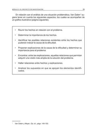 MÓDULO 5: EL PROYECTO DE INVESTIGACIÓN 59
En relación con el análisis de una situación problemática, Van Dalen1
su-
giere tener en cuenta los siguientes aspectos, los cuales se acompañan de
un gráfico ilustrativo (página siguiente).
• Reunir los hechos en relación con el problema.
• Determinar la importancia de los hechos.
• Identificar las posibles relaciones existentes entre los hechos que
pudieran indicar la causa de la dificultad.
• Proponer explicaciones de la causa de la dificultad y determinar su
importancia para el problema
• Encontrar, entre las explicaciones, aquellas relaciones que permitan
adquirir una visión más amplia de la solución del problema.
• Hallar relaciones entre hechos y explicaciones.
• Analizar los supuestos en que se apoyan los elementos identifi-
cados.
1
Van Dalen y Meyer. Op. cit., págs. 149-150.
 