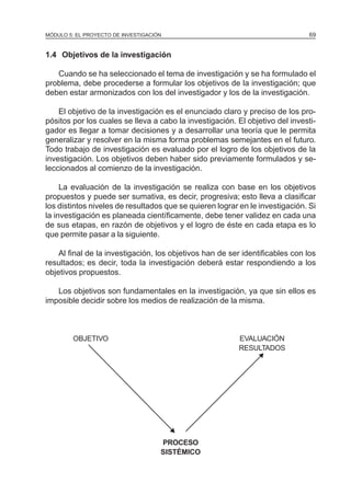 MÓDULO 5: EL PROYECTO DE INVESTIGACIÓN 69
1.4 Objetivos de la investigación
Cuando se ha seleccionado el tema de investigación y se ha formulado el
problema, debe procederse a formular los objetivos de la investigación; que
deben estar armonizados con los del investigador y los de la investigación.
El objetivo de la investigación es el enunciado claro y preciso de los pro-
pósitos por los cuales se lleva a cabo la investigación. El objetivo del investi-
gador es llegar a tomar decisiones y a desarrollar una teoría que le permita
generalizar y resolver en la misma forma problemas semejantes en el futuro.
Todo trabajo de investigación es evaluado por el logro de los objetivos de la
investigación. Los objetivos deben haber sido previamente formulados y se-
leccionados al comienzo de la investigación.
La evaluación de la investigación se realiza con base en los objetivos
propuestos y puede ser sumativa, es decir, progresiva; esto lleva a clasificar
los distintos niveles de resultados que se quieren lograr en le investigación. Si
la investigación es planeada científicamente, debe tener validez en cada una
de sus etapas, en razón de objetivos y el logro de éste en cada etapa es lo
que permite pasar a la siguiente.
Al final de la investigación, los objetivos han de ser identificables con los
resultados; es decir, toda la investigación deberá estar respondiendo a los
objetivos propuestos.
Los objetivos son fundamentales en la investigación, ya que sin ellos es
imposible decidir sobre los medios de realización de la misma.
OBJETIVO EVALUACIÓN
RESULTADOS
PROCESO
SISTÉMICO
N
N
 