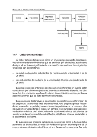 MÓDULO 5: EL PROYECTO DE INVESTIGACIÓN 85
Teoría Hipótesis
Hipótesis
Variable
Relación
contrastada empírica
Indicadores Generalización
Teoría
1.6.1 Clases de enunciados
Al haber definido la hipótesis como un enunciado o supuesto, resulta pro-
vechoso considerar brevemente qué se entiende por enunciado. Este último
designa el sentido o significado de una oración declaratoria. Las siguientes
oraciones son declaratorias:
– La edad media de los estudiantes de medicina de la universidad X es de
26 años.
– Los estudiantes de medicina de la universidad X tienen una edad media de
26 años.
Las dos oraciones anteriores son ligeramente diferentes en cuanto están
compuestas por diferentes palabras, ordenadas de modo diferente. No obs-
tante, las dos oraciones significan lo mismo, tienen idéntico sentido, por lo cual
podemos afirmar que se trata del mismo enunciado.
Las oraciones declarativas o enunciados declaratorios se diferencian de
las preguntas, las órdenes y las exclamaciones. Una pregunta puede respon-
derse, una orden impartida y una exclamación proferirse, en sí mismas, ellas
no pueden ser verdaderas ni falsas. En cambio, los enunciados sí pueden ser
verdaderos o falsos. Así, el enunciado la edad media de los estudiantes de
medicina de la universidad X es de 26 años, si tal fuera el caso; sería falso si
la edad media fuera otra.
El supuesto que presenta la hipótesis, se expresa como lo hemos dicho,
por medio de enunciados. Si ellos son verdaderos pasan a formar parte de un
cuerpo de conocimientos científicos; si son falsos se los descarta. Por esta
N N N N
NN
N
 