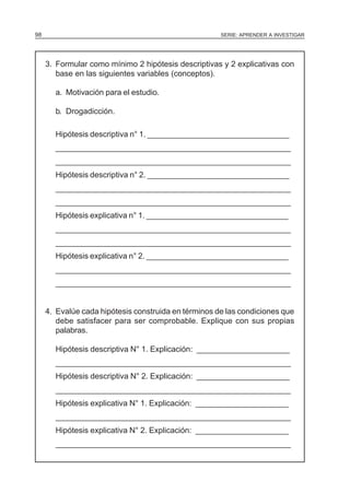 SERIE: APRENDER A INVESTIGAR98
3. Formular como mínimo 2 hipótesis descriptivas y 2 explicativas con
base en las siguientes variables (conceptos).
a. Motivación para el estudio.
b. Drogadicción.
Hipótesis descriptiva n° 1. ________________________________
______________________________________________________
______________________________________________________
Hipótesis descriptiva n° 2. ________________________________
______________________________________________________
______________________________________________________
Hipótesis explicativa n° 1. ________________________________
______________________________________________________
______________________________________________________
Hipótesis explicativa n° 2. ________________________________
______________________________________________________
______________________________________________________
4. Evalúe cada hipótesis construida en términos de las condiciones que
debe satisfacer para ser comprobable. Explique con sus propias
palabras.
Hipótesis descriptiva N° 1. Explicación: _____________________
______________________________________________________
Hipótesis descriptiva N° 2. Explicación: _____________________
______________________________________________________
Hipótesis explicativa N° 1. Explicación: _____________________
______________________________________________________
Hipótesis explicativa N° 2. Explicación: _____________________
______________________________________________________
 