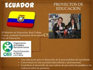ECUADOR PROYECTOS DE EDUCACION El Ministro de Educación, Raúl Vallejo Corral, presentó el proyecto de la nueva Ley de Educación ,[object Object]