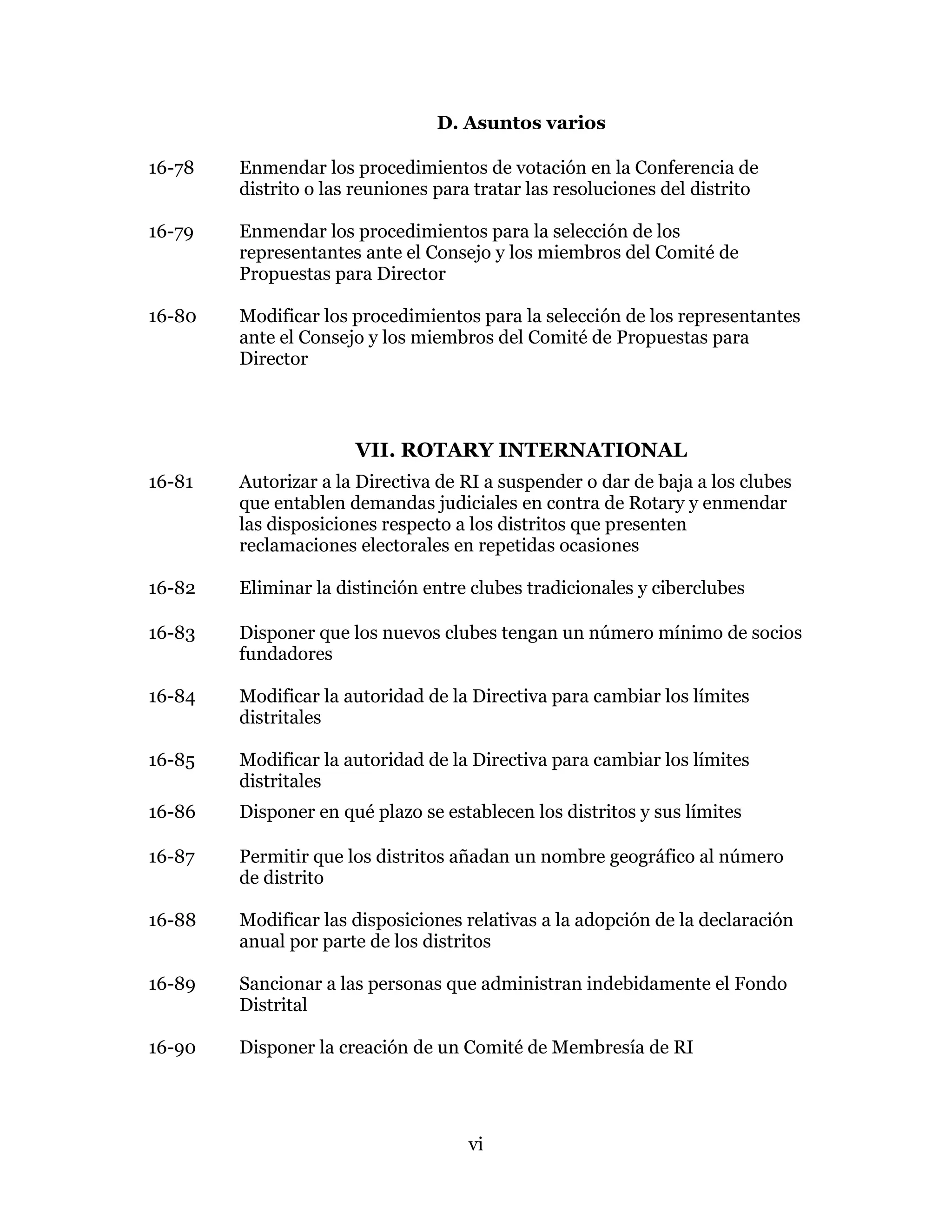 vi
D. Asuntos varios
16-78 Enmendar los procedimientos de votación en la Conferencia de
distrito o las reuniones para tratar las resoluciones del distrito
16-79 Enmendar los procedimientos para la selección de los
representantes ante el Consejo y los miembros del Comité de
Propuestas para Director
16-80 Modificar los procedimientos para la selección de los representantes
ante el Consejo y los miembros del Comité de Propuestas para
Director
VII. ROTARY INTERNATIONAL
16-81 Autorizar a la Directiva de RI a suspender o dar de baja a los clubes
que entablen demandas judiciales en contra de Rotary y enmendar
las disposiciones respecto a los distritos que presenten
reclamaciones electorales en repetidas ocasiones
16-82 Eliminar la distinción entre clubes tradicionales y ciberclubes
16-83 Disponer que los nuevos clubes tengan un número mínimo de socios
fundadores
16-84 Modificar la autoridad de la Directiva para cambiar los límites
distritales
16-85 Modificar la autoridad de la Directiva para cambiar los límites
distritales
16-86 Disponer en qué plazo se establecen los distritos y sus límites
16-87 Permitir que los distritos añadan un nombre geográfico al número
de distrito
16-88 Modificar las disposiciones relativas a la adopción de la declaración
anual por parte de los distritos
16-89 Sancionar a las personas que administran indebidamente el Fondo
Distrital
16-90 Disponer la creación de un Comité de Membresía de RI
 