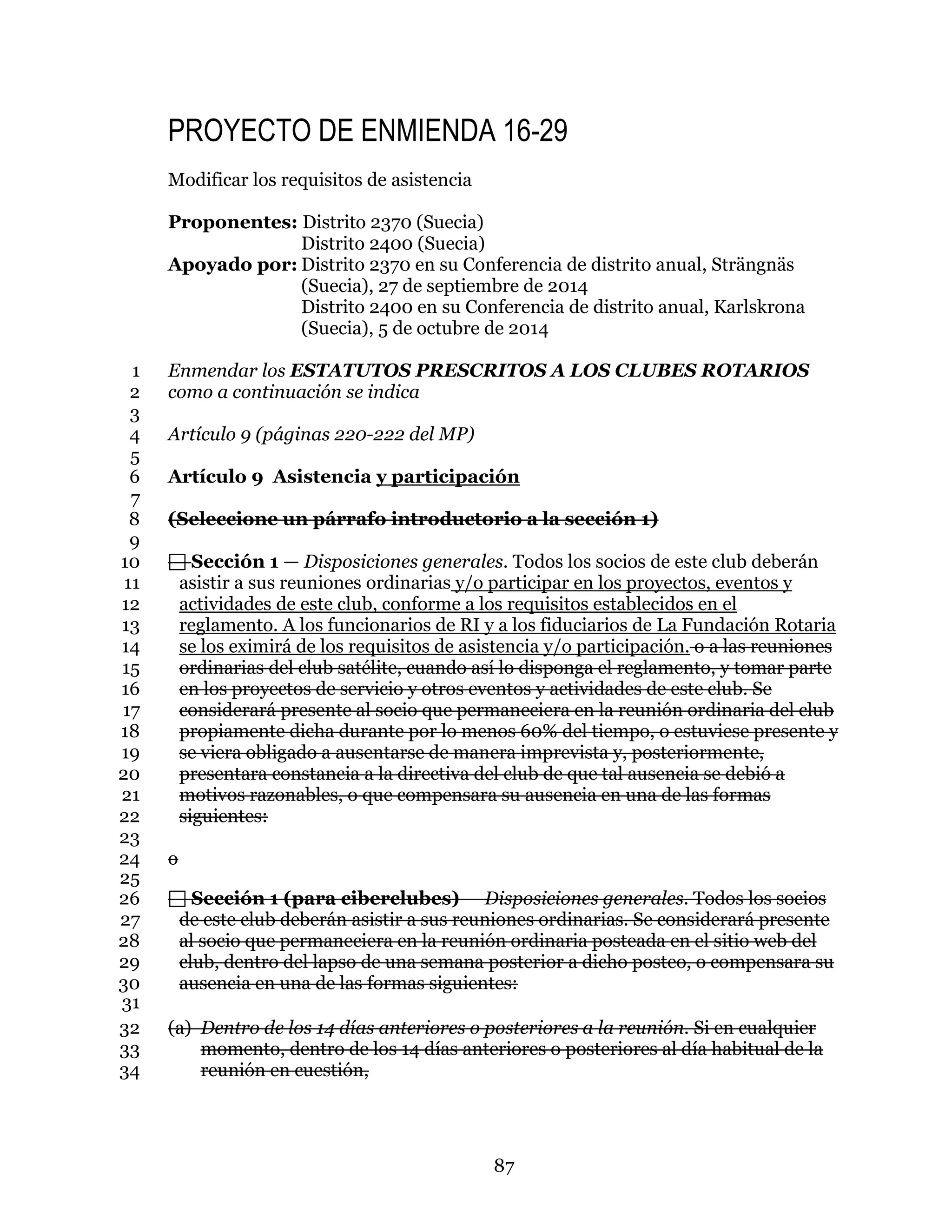 87
PROYECTO DE ENMIENDA 16-29
Modificar los requisitos de asistencia
Proponentes: Distrito 2370 (Suecia)
Distrito 2400 (Suecia)
Apoyado por: Distrito 2370 en su Conferencia de distrito anual, Strängnäs
(Suecia), 27 de septiembre de 2014
Distrito 2400 en su Conferencia de distrito anual, Karlskrona
(Suecia), 5 de octubre de 2014
Enmendar los ESTATUTOS PRESCRITOS A LOS CLUBES ROTARIOS1
como a continuación se indica2
3
Artículo 9 (páginas 220-222 del MP)4
5
Artículo 9 Asistencia y participación6
7
(Seleccione un párrafo introductorio a la sección 1)8
9
 Sección 1 — Disposiciones generales. Todos los socios de este club deberán10
asistir a sus reuniones ordinarias y/o participar en los proyectos, eventos y11
actividades de este club, conforme a los requisitos establecidos en el12
reglamento. A los funcionarios de RI y a los fiduciarios de La Fundación Rotaria13
se los eximirá de los requisitos de asistencia y/o participación. o a las reuniones14
ordinarias del club satélite, cuando así lo disponga el reglamento, y tomar parte15
en los proyectos de servicio y otros eventos y actividades de este club. Se16
considerará presente al socio que permaneciera en la reunión ordinaria del club17
propiamente dicha durante por lo menos 60% del tiempo, o estuviese presente y18
se viera obligado a ausentarse de manera imprevista y, posteriormente,19
presentara constancia a la directiva del club de que tal ausencia se debió a20
motivos razonables, o que compensara su ausencia en una de las formas21
siguientes:22
23
o24
25
 Sección 1 (para ciberclubes) — Disposiciones generales. Todos los socios26
de este club deberán asistir a sus reuniones ordinarias. Se considerará presente27
al socio que permaneciera en la reunión ordinaria posteada en el sitio web del28
club, dentro del lapso de una semana posterior a dicho posteo, o compensara su29
ausencia en una de las formas siguientes:30
31
(a) Dentro de los 14 días anteriores o posteriores a la reunión. Si en cualquier32
momento, dentro de los 14 días anteriores o posteriores al día habitual de la33
reunión en cuestión,34
 