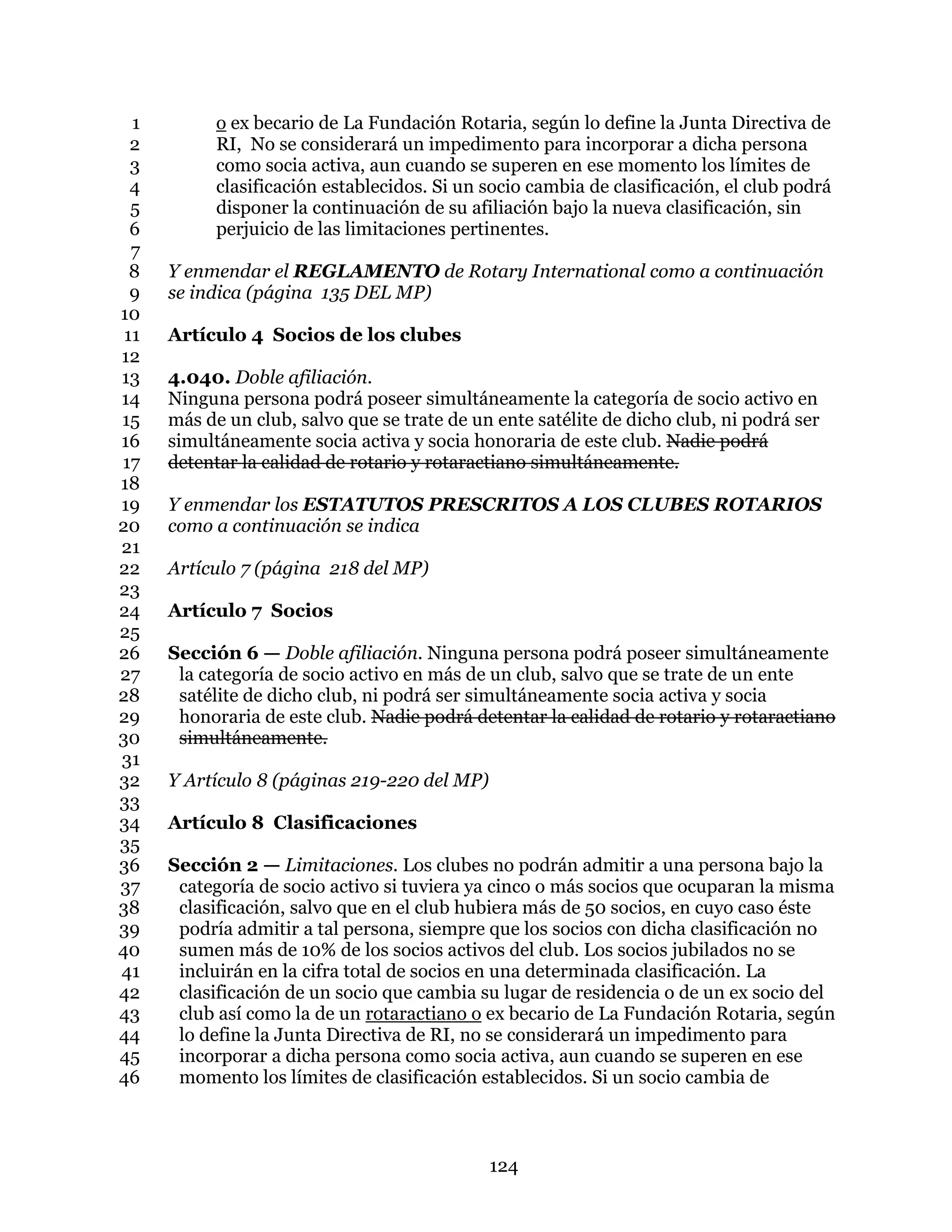124
o ex becario de La Fundación Rotaria, según lo define la Junta Directiva de1
RI, No se considerará un impedimento para incorporar a dicha persona2
como socia activa, aun cuando se superen en ese momento los límites de3
clasificación establecidos. Si un socio cambia de clasificación, el club podrá4
disponer la continuación de su afiliación bajo la nueva clasificación, sin5
perjuicio de las limitaciones pertinentes.6
7
Y enmendar el REGLAMENTO de Rotary International como a continuación8
se indica (página 135 DEL MP)9
10
Artículo 4 Socios de los clubes11
12
4.040. Doble afiliación.13
Ninguna persona podrá poseer simultáneamente la categoría de socio activo en14
más de un club, salvo que se trate de un ente satélite de dicho club, ni podrá ser15
simultáneamente socia activa y socia honoraria de este club. Nadie podrá16
detentar la calidad de rotario y rotaractiano simultáneamente.17
18
Y enmendar los ESTATUTOS PRESCRITOS A LOS CLUBES ROTARIOS19
como a continuación se indica20
21
Artículo 7 (página 218 del MP)22
23
Artículo 7 Socios24
25
Sección 6 — Doble afiliación. Ninguna persona podrá poseer simultáneamente26
la categoría de socio activo en más de un club, salvo que se trate de un ente27
satélite de dicho club, ni podrá ser simultáneamente socia activa y socia28
honoraria de este club. Nadie podrá detentar la calidad de rotario y rotaractiano29
simultáneamente.30
31
Y Artículo 8 (páginas 219-220 del MP)32
33
Artículo 8 Clasificaciones34
35
Sección 2 — Limitaciones. Los clubes no podrán admitir a una persona bajo la36
categoría de socio activo si tuviera ya cinco o más socios que ocuparan la misma37
clasificación, salvo que en el club hubiera más de 50 socios, en cuyo caso éste38
podría admitir a tal persona, siempre que los socios con dicha clasificación no39
sumen más de 10% de los socios activos del club. Los socios jubilados no se40
incluirán en la cifra total de socios en una determinada clasificación. La41
clasificación de un socio que cambia su lugar de residencia o de un ex socio del42
club así como la de un rotaractiano o ex becario de La Fundación Rotaria, según43
lo define la Junta Directiva de RI, no se considerará un impedimento para44
incorporar a dicha persona como socia activa, aun cuando se superen en ese45
momento los límites de clasificación establecidos. Si un socio cambia de46
 