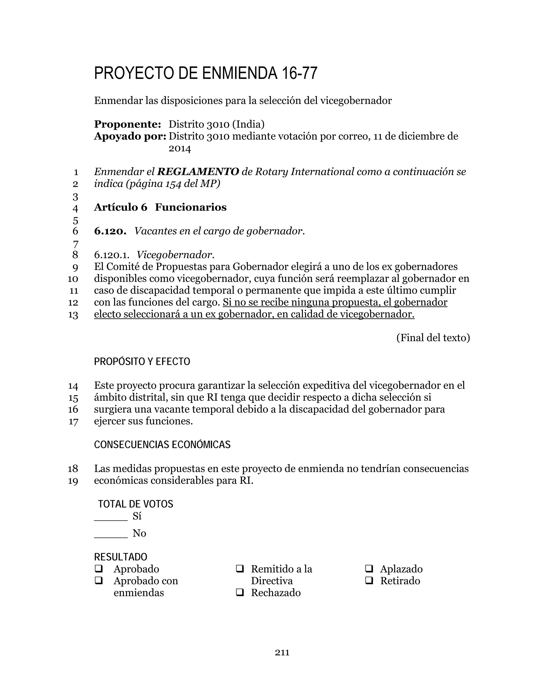 211
PROYECTO DE ENMIENDA 16-77
Enmendar las disposiciones para la selección del vicegobernador
Proponente: Distrito 3010 (India)
Apoyado por: Distrito 3010 mediante votación por correo, 11 de diciembre de
2014
Enmendar el REGLAMENTO de Rotary International como a continuación se1
indica (página 154 del MP)2
3
Artículo 6 Funcionarios4
5
6.120. Vacantes en el cargo de gobernador.6
7
6.120.1. Vicegobernador.8
El Comité de Propuestas para Gobernador elegirá a uno de los ex gobernadores9
disponibles como vicegobernador, cuya función será reemplazar al gobernador en10
caso de discapacidad temporal o permanente que impida a este último cumplir11
con las funciones del cargo. Si no se recibe ninguna propuesta, el gobernador12
electo seleccionará a un ex gobernador, en calidad de vicegobernador.13
(Final del texto)
PROPÓSITO Y EFECTO
Este proyecto procura garantizar la selección expeditiva del vicegobernador en el14
ámbito distrital, sin que RI tenga que decidir respecto a dicha selección si15
surgiera una vacante temporal debido a la discapacidad del gobernador para16
ejercer sus funciones.17
CONSECUENCIAS ECONÓMICAS
Las medidas propuestas en este proyecto de enmienda no tendrían consecuencias18
económicas considerables para RI.19
TOTAL DE VOTOS
_____ Sí
_____ No
RESULTADO
 Aprobado
 Aprobado con
enmiendas
 Remitido a la
Directiva
 Rechazado
 Aplazado
 Retirado
 