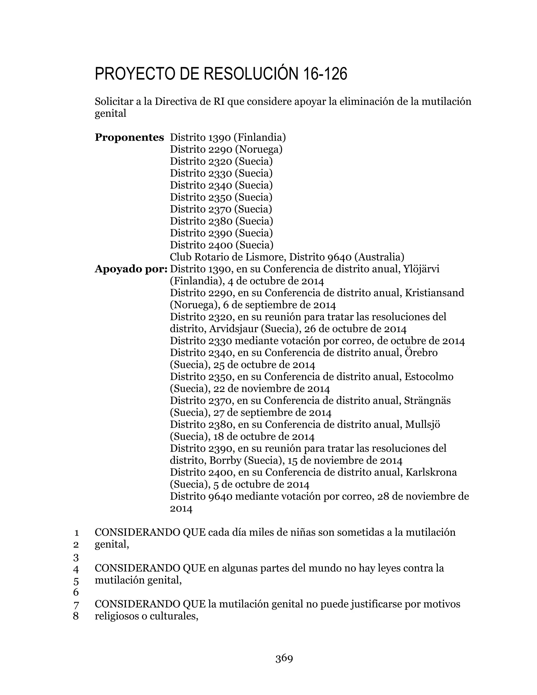 369
PROYECTO DE RESOLUCIÓN 16-126
Solicitar a la Directiva de RI que considere apoyar la eliminación de la mutilación
genital
Proponentes Distrito 1390 (Finlandia)
Distrito 2290 (Noruega)
Distrito 2320 (Suecia)
Distrito 2330 (Suecia)
Distrito 2340 (Suecia)
Distrito 2350 (Suecia)
Distrito 2370 (Suecia)
Distrito 2380 (Suecia)
Distrito 2390 (Suecia)
Distrito 2400 (Suecia)
Club Rotario de Lismore, Distrito 9640 (Australia)
Apoyado por: Distrito 1390, en su Conferencia de distrito anual, Ylöjärvi
(Finlandia), 4 de octubre de 2014
Distrito 2290, en su Conferencia de distrito anual, Kristiansand
(Noruega), 6 de septiembre de 2014
Distrito 2320, en su reunión para tratar las resoluciones del
distrito, Arvidsjaur (Suecia), 26 de octubre de 2014
Distrito 2330 mediante votación por correo, de octubre de 2014
Distrito 2340, en su Conferencia de distrito anual, Örebro
(Suecia), 25 de octubre de 2014
Distrito 2350, en su Conferencia de distrito anual, Estocolmo
(Suecia), 22 de noviembre de 2014
Distrito 2370, en su Conferencia de distrito anual, Strängnäs
(Suecia), 27 de septiembre de 2014
Distrito 2380, en su Conferencia de distrito anual, Mullsjö
(Suecia), 18 de octubre de 2014
Distrito 2390, en su reunión para tratar las resoluciones del
distrito, Borrby (Suecia), 15 de noviembre de 2014
Distrito 2400, en su Conferencia de distrito anual, Karlskrona
(Suecia), 5 de octubre de 2014
Distrito 9640 mediante votación por correo, 28 de noviembre de
2014
CONSIDERANDO QUE cada día miles de niñas son sometidas a la mutilación1
genital,2
3
CONSIDERANDO QUE en algunas partes del mundo no hay leyes contra la4
mutilación genital,5
6
CONSIDERANDO QUE la mutilación genital no puede justificarse por motivos7
religiosos o culturales,8
 