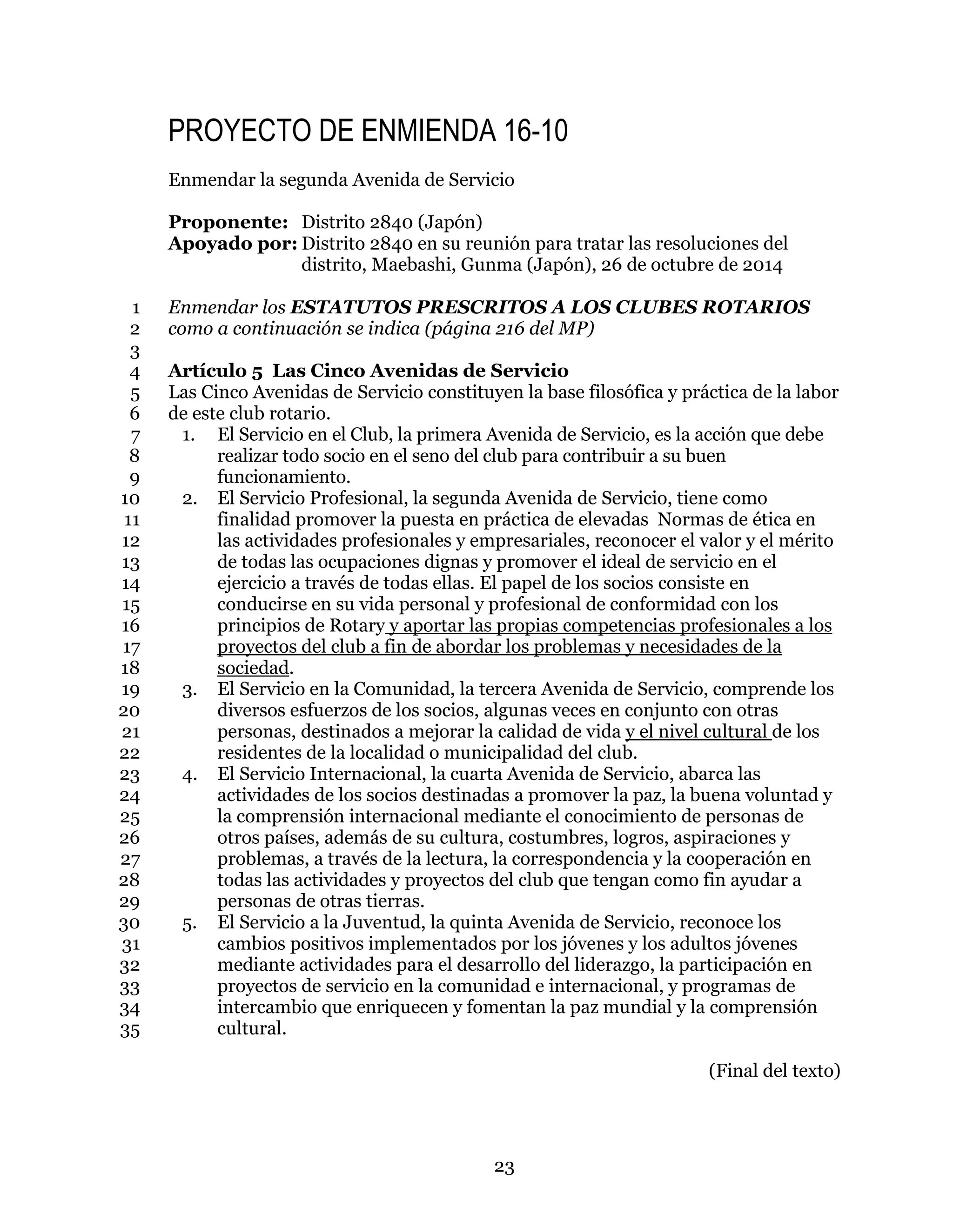 23
PROYECTO DE ENMIENDA 16-10
Enmendar la segunda Avenida de Servicio
Proponente: Distrito 2840 (Japón)
Apoyado por: Distrito 2840 en su reunión para tratar las resoluciones del
distrito, Maebashi, Gunma (Japón), 26 de octubre de 2014
Enmendar los ESTATUTOS PRESCRITOS A LOS CLUBES ROTARIOS1
como a continuación se indica (página 216 del MP)2
3
Artículo 5 Las Cinco Avenidas de Servicio4
Las Cinco Avenidas de Servicio constituyen la base filosófica y práctica de la labor5
de este club rotario.6
1. El Servicio en el Club, la primera Avenida de Servicio, es la acción que debe7
realizar todo socio en el seno del club para contribuir a su buen8
funcionamiento.9
2. El Servicio Profesional, la segunda Avenida de Servicio, tiene como10
finalidad promover la puesta en práctica de elevadas Normas de ética en11
las actividades profesionales y empresariales, reconocer el valor y el mérito12
de todas las ocupaciones dignas y promover el ideal de servicio en el13
ejercicio a través de todas ellas. El papel de los socios consiste en14
conducirse en su vida personal y profesional de conformidad con los15
principios de Rotary y aportar las propias competencias profesionales a los16
proyectos del club a fin de abordar los problemas y necesidades de la17
sociedad.18
3. El Servicio en la Comunidad, la tercera Avenida de Servicio, comprende los19
diversos esfuerzos de los socios, algunas veces en conjunto con otras20
personas, destinados a mejorar la calidad de vida y el nivel cultural de los21
residentes de la localidad o municipalidad del club.22
4. El Servicio Internacional, la cuarta Avenida de Servicio, abarca las23
actividades de los socios destinadas a promover la paz, la buena voluntad y24
la comprensión internacional mediante el conocimiento de personas de25
otros países, además de su cultura, costumbres, logros, aspiraciones y26
problemas, a través de la lectura, la correspondencia y la cooperación en27
todas las actividades y proyectos del club que tengan como fin ayudar a28
personas de otras tierras.29
5. El Servicio a la Juventud, la quinta Avenida de Servicio, reconoce los30
cambios positivos implementados por los jóvenes y los adultos jóvenes31
mediante actividades para el desarrollo del liderazgo, la participación en32
proyectos de servicio en la comunidad e internacional, y programas de33
intercambio que enriquecen y fomentan la paz mundial y la comprensión34
cultural.35
(Final del texto)
 