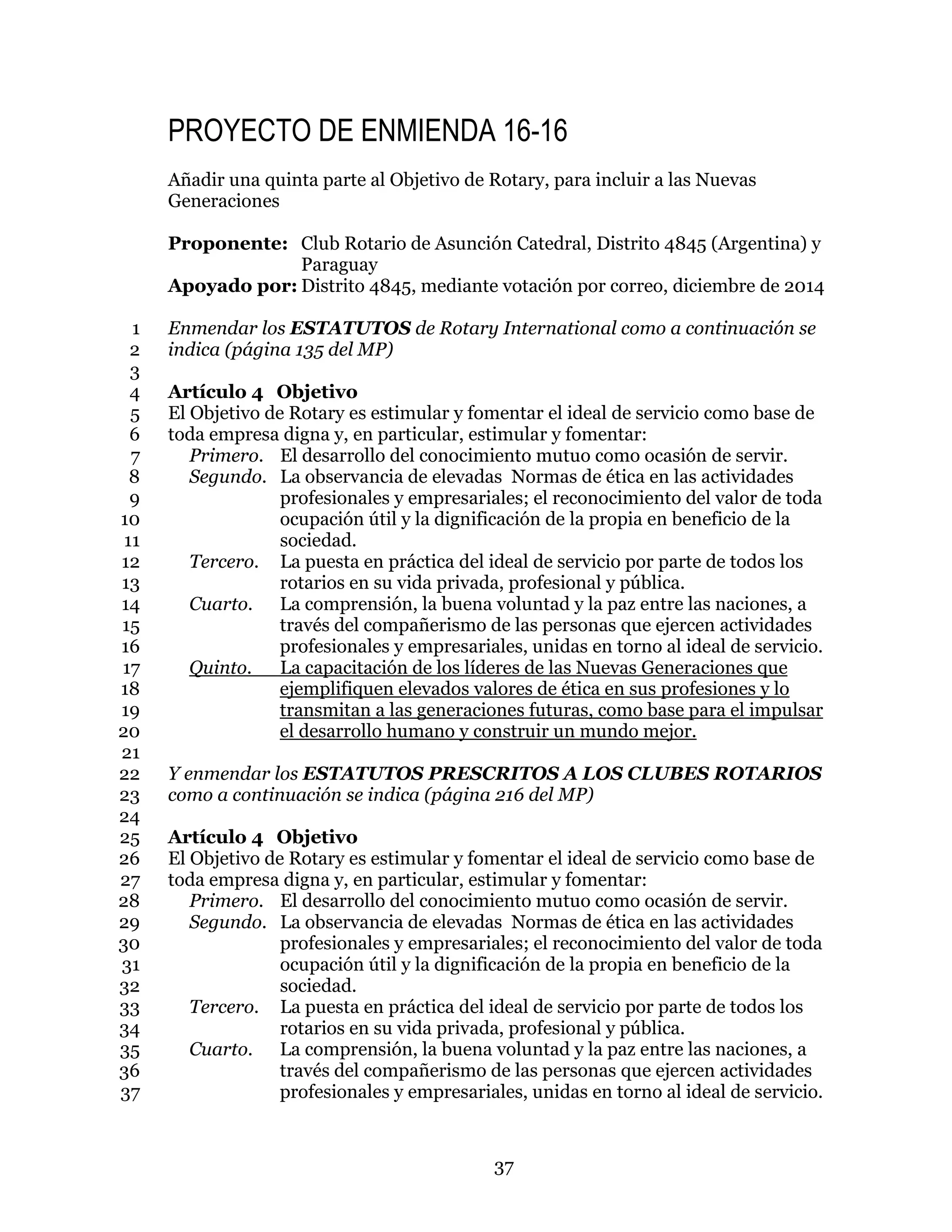 37
PROYECTO DE ENMIENDA 16-16
Añadir una quinta parte al Objetivo de Rotary, para incluir a las Nuevas
Generaciones
Proponente: Club Rotario de Asunción Catedral, Distrito 4845 (Argentina) y
Paraguay
Apoyado por: Distrito 4845, mediante votación por correo, diciembre de 2014
Enmendar los ESTATUTOS de Rotary International como a continuación se1
indica (página 135 del MP)2
3
Artículo 4 Objetivo4
El Objetivo de Rotary es estimular y fomentar el ideal de servicio como base de5
toda empresa digna y, en particular, estimular y fomentar:6
Primero. El desarrollo del conocimiento mutuo como ocasión de servir.7
Segundo. La observancia de elevadas Normas de ética en las actividades8
profesionales y empresariales; el reconocimiento del valor de toda9
ocupación útil y la dignificación de la propia en beneficio de la10
sociedad.11
Tercero. La puesta en práctica del ideal de servicio por parte de todos los12
rotarios en su vida privada, profesional y pública.13
Cuarto. La comprensión, la buena voluntad y la paz entre las naciones, a14
través del compañerismo de las personas que ejercen actividades15
profesionales y empresariales, unidas en torno al ideal de servicio.16
Quinto. La capacitación de los líderes de las Nuevas Generaciones que17
ejemplifiquen elevados valores de ética en sus profesiones y lo18
transmitan a las generaciones futuras, como base para el impulsar19
el desarrollo humano y construir un mundo mejor.20
21
Y enmendar los ESTATUTOS PRESCRITOS A LOS CLUBES ROTARIOS22
como a continuación se indica (página 216 del MP)23
24
Artículo 4 Objetivo25
El Objetivo de Rotary es estimular y fomentar el ideal de servicio como base de26
toda empresa digna y, en particular, estimular y fomentar:27
Primero. El desarrollo del conocimiento mutuo como ocasión de servir.28
Segundo. La observancia de elevadas Normas de ética en las actividades29
profesionales y empresariales; el reconocimiento del valor de toda30
ocupación útil y la dignificación de la propia en beneficio de la31
sociedad.32
Tercero. La puesta en práctica del ideal de servicio por parte de todos los33
rotarios en su vida privada, profesional y pública.34
Cuarto. La comprensión, la buena voluntad y la paz entre las naciones, a35
través del compañerismo de las personas que ejercen actividades36
profesionales y empresariales, unidas en torno al ideal de servicio.37
 