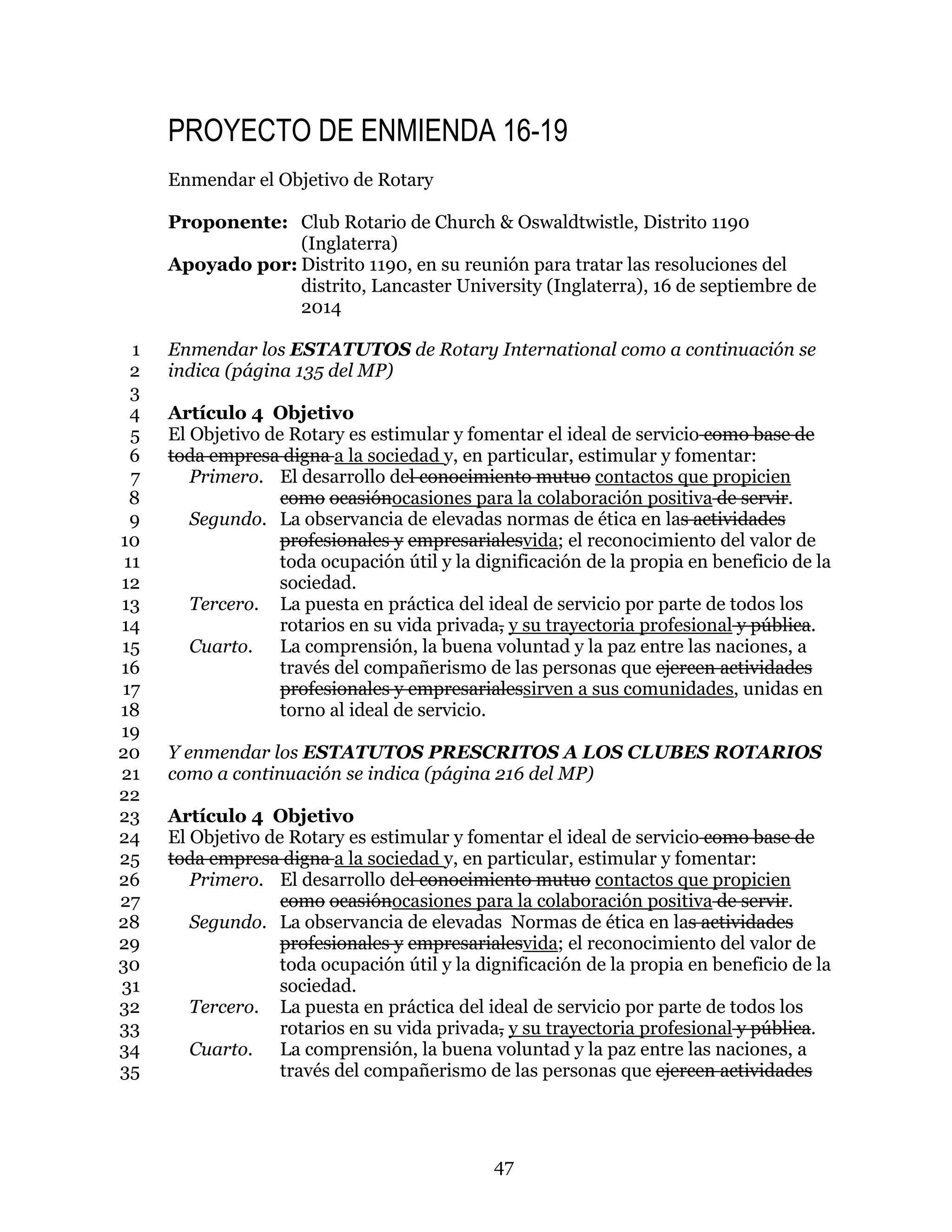 47
PROYECTO DE ENMIENDA 16-19
Enmendar el Objetivo de Rotary
Proponente: Club Rotario de Church & Oswaldtwistle, Distrito 1190
(Inglaterra)
Apoyado por: Distrito 1190, en su reunión para tratar las resoluciones del
distrito, Lancaster University (Inglaterra), 16 de septiembre de
2014
Enmendar los ESTATUTOS de Rotary International como a continuación se1
indica (página 135 del MP)2
3
Artículo 4 Objetivo4
El Objetivo de Rotary es estimular y fomentar el ideal de servicio como base de5
toda empresa digna a la sociedad y, en particular, estimular y fomentar:6
Primero. El desarrollo del conocimiento mutuo contactos que propicien7
como ocasiónocasiones para la colaboración positiva de servir.8
Segundo. La observancia de elevadas normas de ética en las actividades9
profesionales y empresarialesvida; el reconocimiento del valor de10
toda ocupación útil y la dignificación de la propia en beneficio de la11
sociedad.12
Tercero. La puesta en práctica del ideal de servicio por parte de todos los13
rotarios en su vida privada, y su trayectoria profesional y pública.14
Cuarto. La comprensión, la buena voluntad y la paz entre las naciones, a15
través del compañerismo de las personas que ejercen actividades16
profesionales y empresarialessirven a sus comunidades, unidas en17
torno al ideal de servicio.18
19
Y enmendar los ESTATUTOS PRESCRITOS A LOS CLUBES ROTARIOS20
como a continuación se indica (página 216 del MP)21
22
Artículo 4 Objetivo23
El Objetivo de Rotary es estimular y fomentar el ideal de servicio como base de24
toda empresa digna a la sociedad y, en particular, estimular y fomentar:25
Primero. El desarrollo del conocimiento mutuo contactos que propicien26
como ocasiónocasiones para la colaboración positiva de servir.27
Segundo. La observancia de elevadas Normas de ética en las actividades28
profesionales y empresarialesvida; el reconocimiento del valor de29
toda ocupación útil y la dignificación de la propia en beneficio de la30
sociedad.31
Tercero. La puesta en práctica del ideal de servicio por parte de todos los32
rotarios en su vida privada, y su trayectoria profesional y pública.33
Cuarto. La comprensión, la buena voluntad y la paz entre las naciones, a34
través del compañerismo de las personas que ejercen actividades35
 