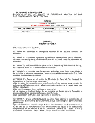 Proyectos de ley vigentes sobre Enfermeria en el Parlamento Argentino (a Noviembre de 2012)